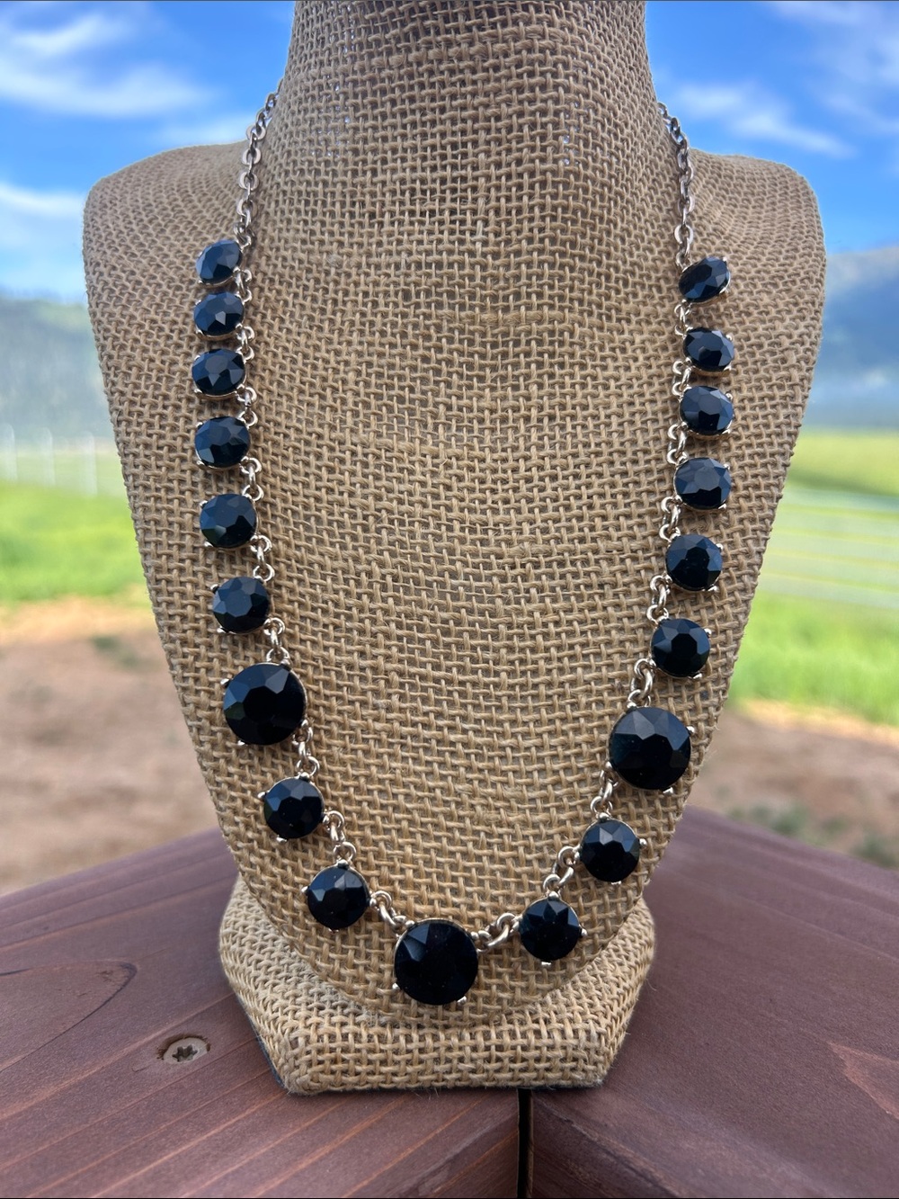 Vintage Black Faceted Rhinestone Necklace with Gold-Tone Chain